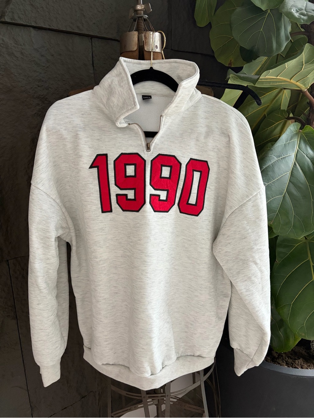 SHEIN Cream Quarter-Zip Pullover with Red 1990 Appliqué